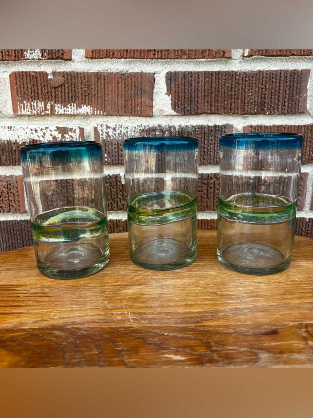 Mexican Hand Blown Green Blue Glass Tumblers thick Glasses Stripes Set of 3